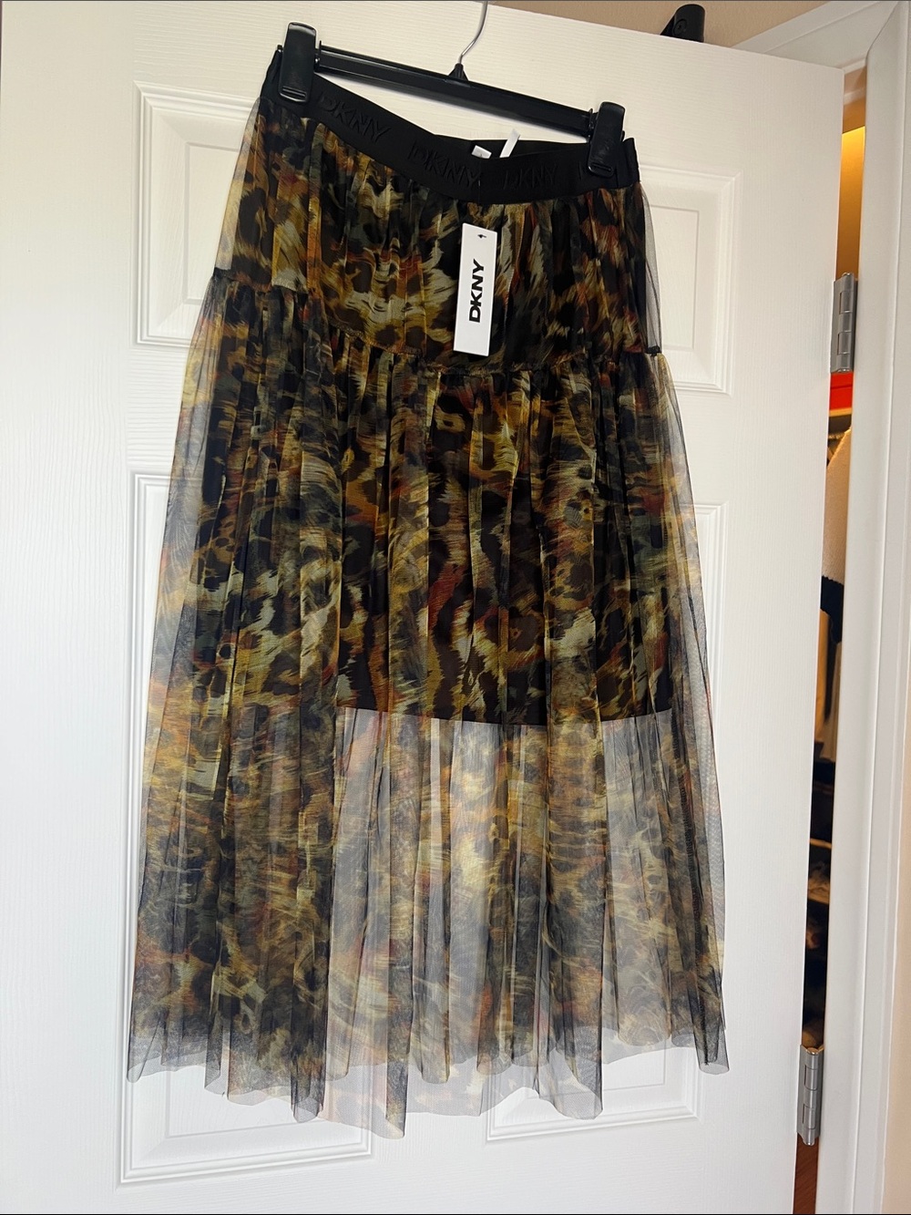 DKNY Multicolor Sheer Tiered Midi Skirt in Black, Brown and Gold Tones